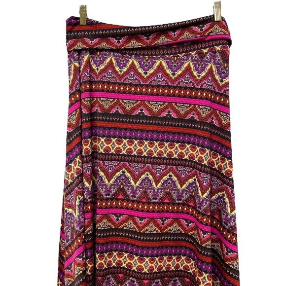 LULAROE Boho Midi Skirt Size Large Stretch Jersey Red Aztec Print Pullon High Lo - Picture 4 of 8